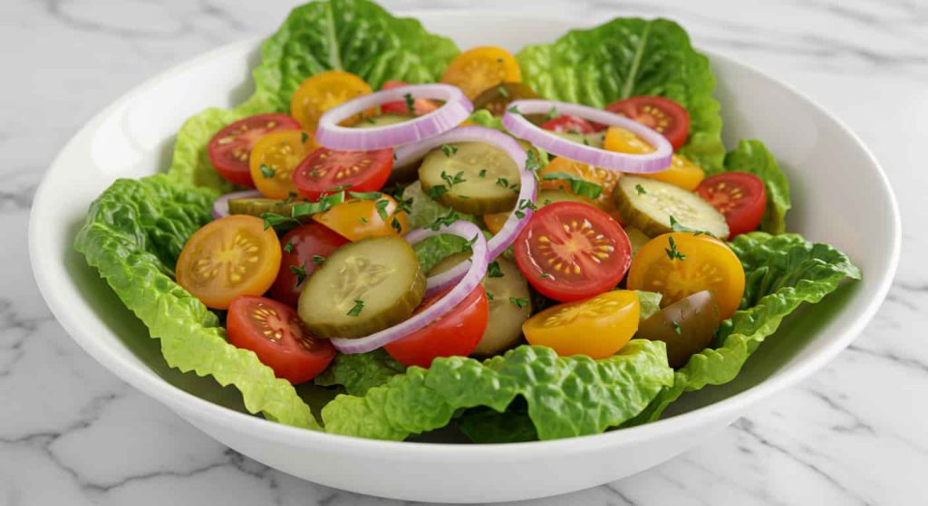 Easy Burger Bowl Recipe: Low-Carb, Flavor-Packed, and Quick! 14 Freshly chopped romaine lettuce, diced tomatoes, sliced pickles, and thinly sliced red onions arranged on a wooden cutting board.