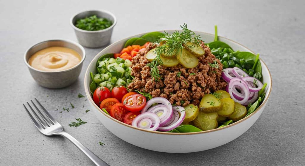 Easy Burger Bowl Recipe: Low-Carb, Flavor-Packed, and Quick! 16 Colorful burger bowl with seasoned ground beef, fresh romaine lettuce, diced tomatoes, sliced pickles, red onion, and a drizzle of special sauce in a white bowl