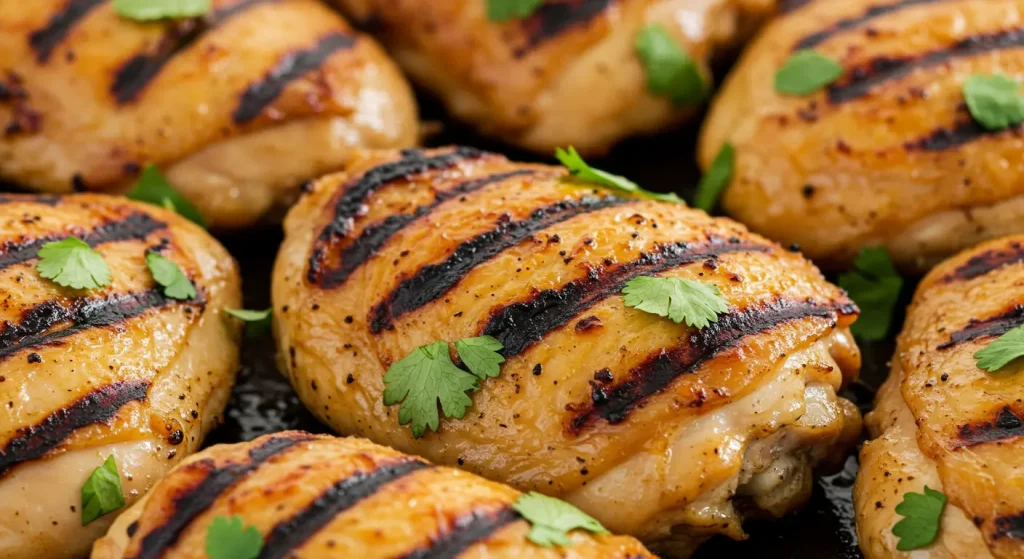 Easy San Antonio Grilled Mexican Chicken Marinade Recipe 16 Tender grilled chicken breasts coated in a vibrant San Antonio-style Mexican marinade, topped with fresh cilantro and lime slices, ready to serve on a rustic wooden board.