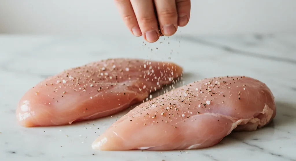 Season the chicken breasts evenly with salt and pepper on both sides