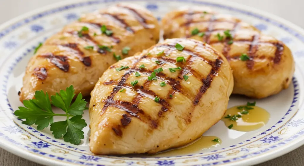 Three grilled chicken breasts, glazed with a light,