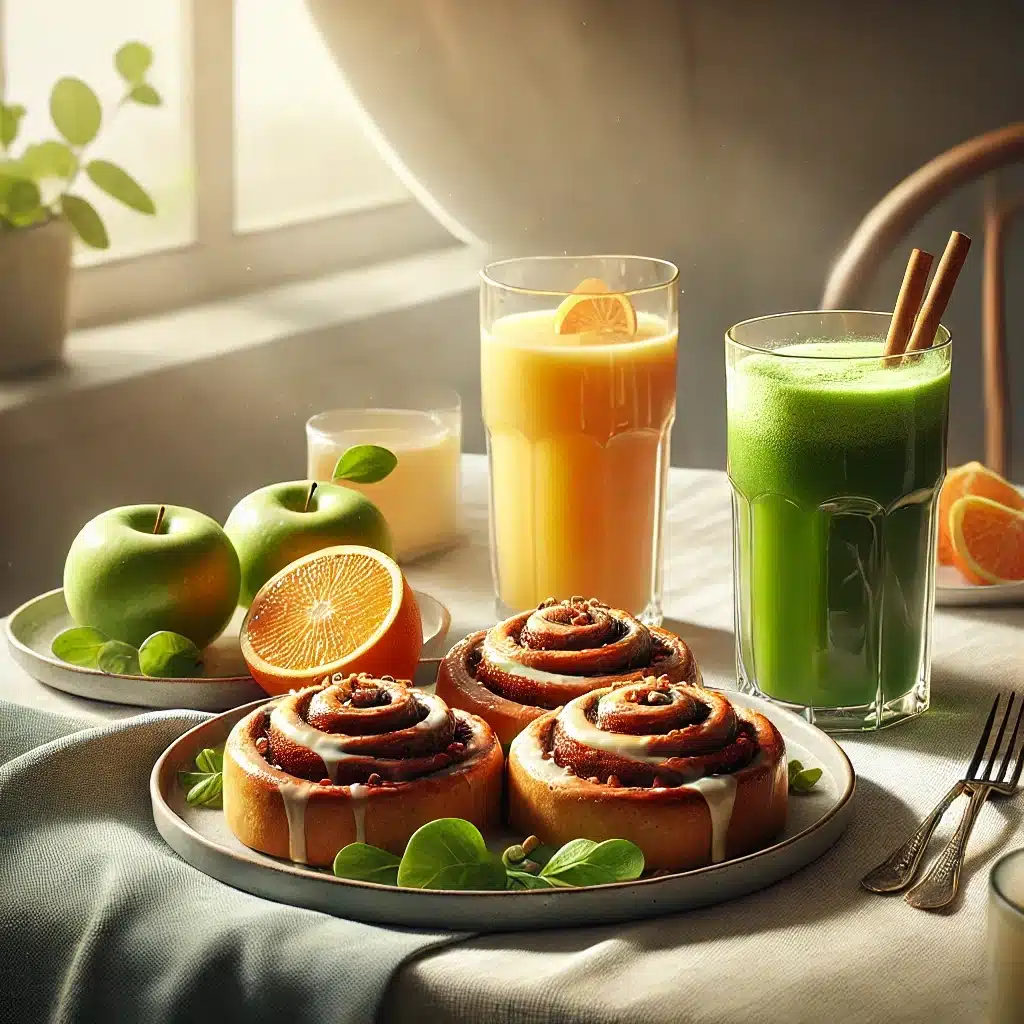 protein cinnamon rolls alongside two glasses of juice