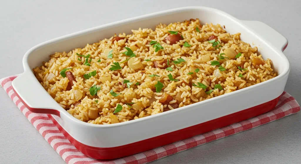 Easy French Onion Soup Rice: A Cozy Twist on a Classic Comfort Food 17 A steaming bowl of French Onion Soup Rice, topped with melted Gruyère cheese and garnished with fresh thyme, served on a rustic table.