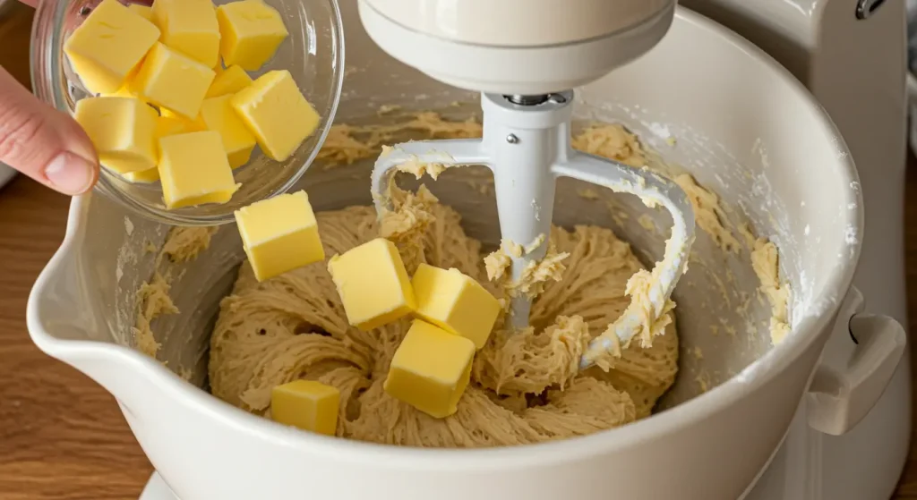 Perfect Braided Chocolate Chip Brioche Recipe 19 adding softened butter to dough for braided chocolate chip brioche