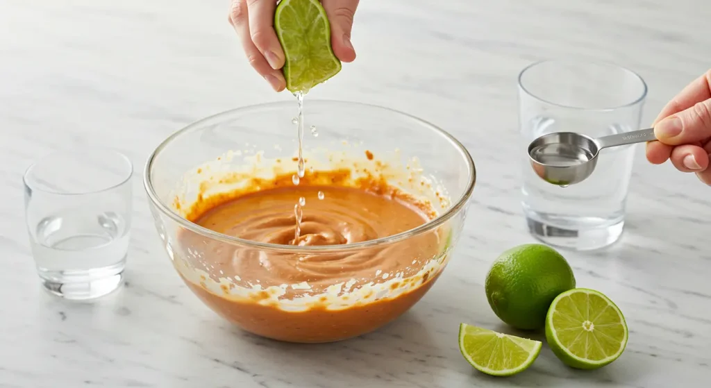 In 10 Mins ! Perfect Taco Bell Chipotle Sauce Recipe 19 Taco Bell Chipotle Sauce recipe step: Squeezing fresh lime juice and adding water to adjust consistency in a mixing bowl.
