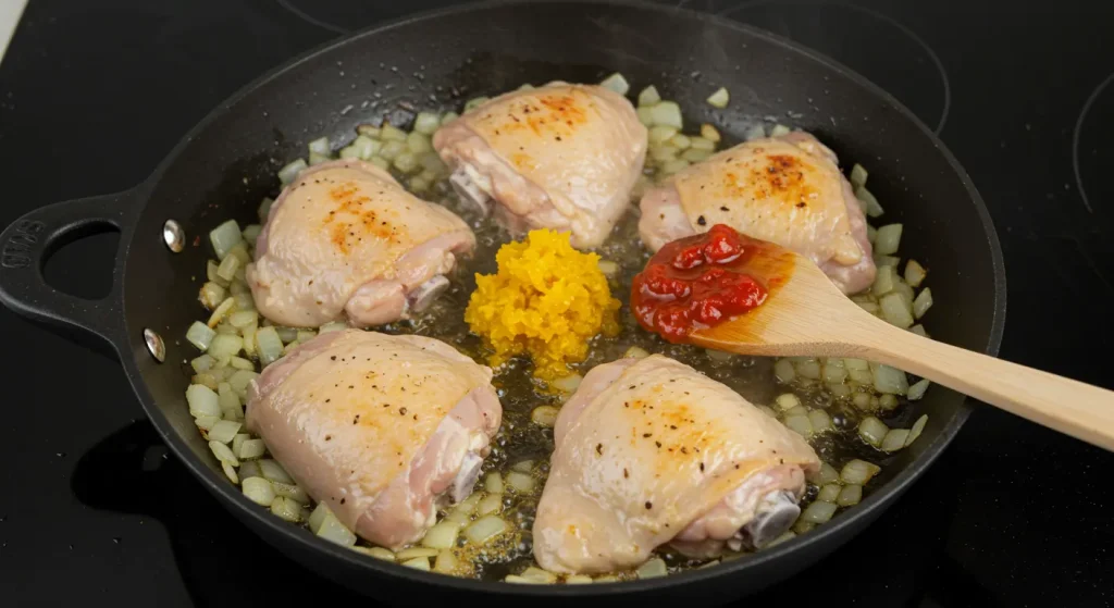Adding chopped ají amarillo pepper to a skillet, enhancing the dish with bright color and flavor.
