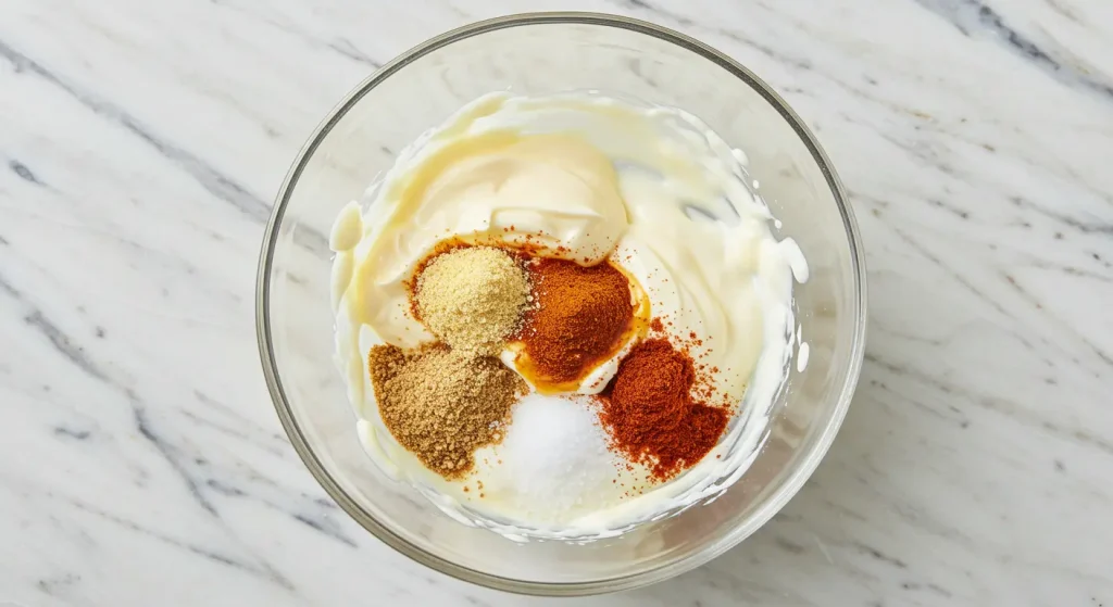 In 10 Mins ! Perfect Taco Bell Chipotle Sauce Recipe 17 Adding spices like garlic powder, smoked paprika, and cumin to a creamy base in a mixing bowl for Taco Bell Chipotle Sauce.