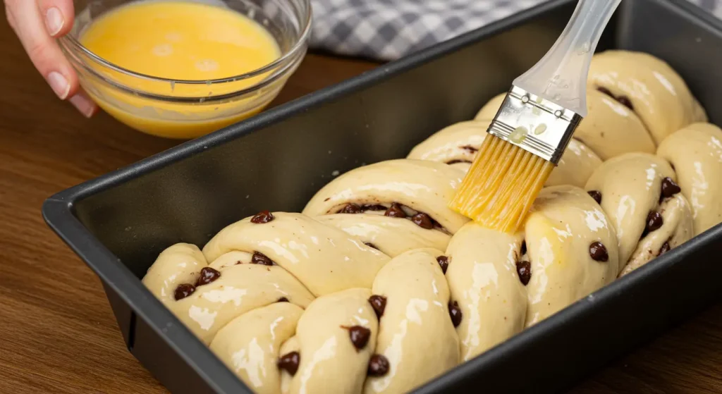 Perfect Braided Chocolate Chip Brioche Recipe 26 applying egg wash to braided dough for chocolate chip brioche
