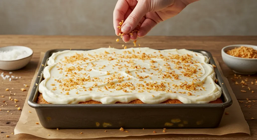 A 9x13-inch Pineapple Coconut Dream Cake with creamy frosting and golden toasted coconut topping, ready to serve.