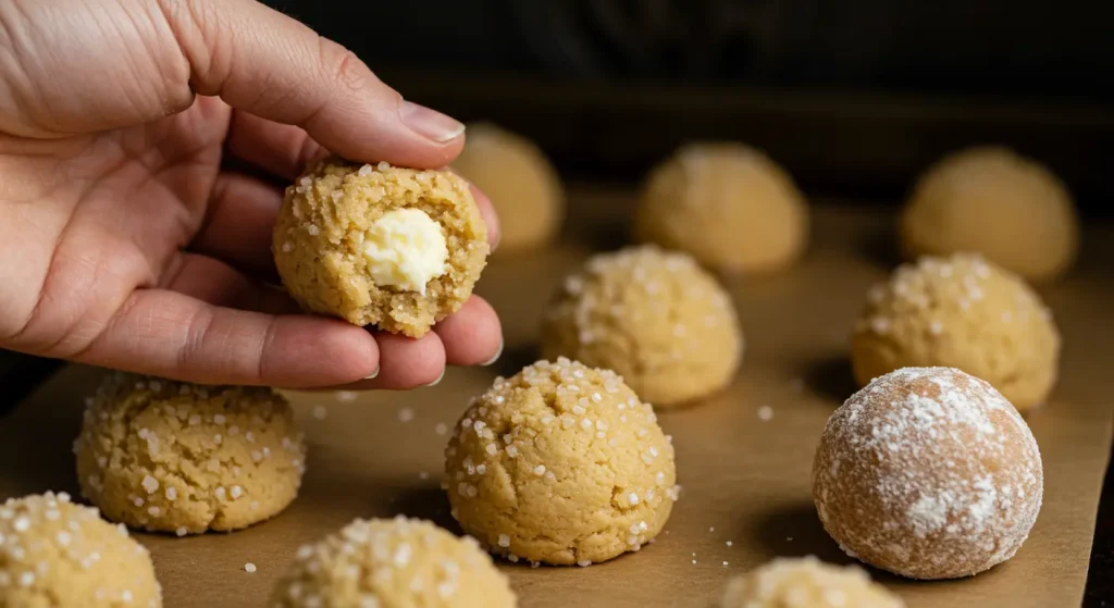 Hands shaping pumpkin cheesecake cookies, enclosing creamy cheesecake filling inside spiced pumpkin cookie dough, ready for baking.