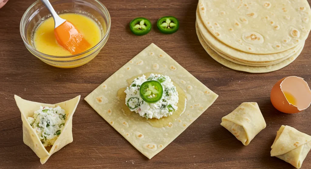 Perfect Crispy Egg Roll Wrapper Goat Cheese Jalapeño Recipe 16 Assembling egg roll wrapper bites by filling and folding egg roll wrappers with a creamy goat cheese and jalapeño mixture.