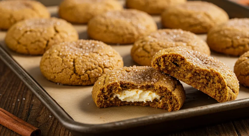 A beautifully styled image of pumpkin cheesecake cookies served on a rustic wooden plate, dusted with powdered sugar for a festive touch. The cookies are paired with a steaming cup of coffee, creating the perfect cozy fall dessert experience. Ideal for holiday gatherings or a quiet afternoon treat.