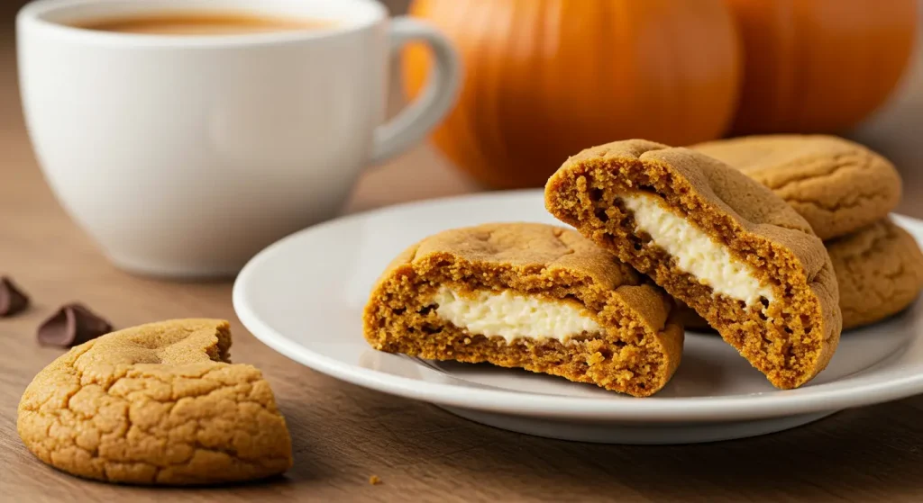 A plate of pumpkin cheesecake cookies served on a rustic wooden table, garnished with a dusting of powdered sugar and paired with a steaming cup of coffee.
