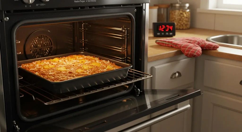 A glowing oven with a 9x13-inch baking pan inside, showcasing a rising Pineapple Coconut Dream Cake with a golden-brown top.