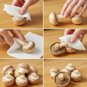 Easy Red Lobster Stuffed Mushrooms: Quick, Cheesy Bites! 22 Fresh white mushroom caps with stems removed, arranged on a baking sheet, ready to be stuffed with a creamy crab and cheese filling.