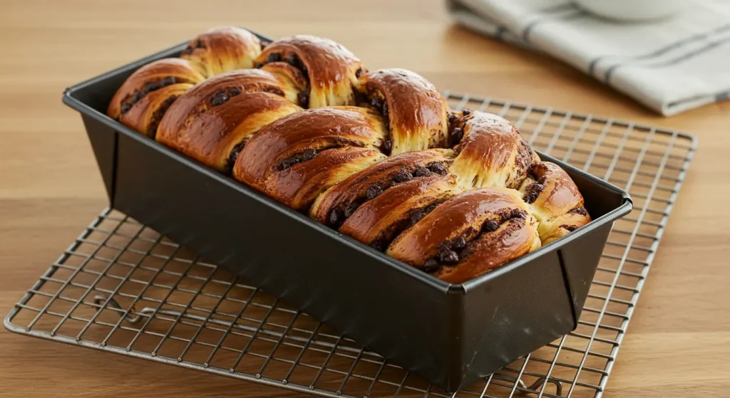 Perfect Braided Chocolate Chip Brioche Recipe 27 cooling braided chocolate chip brioche in a pan
