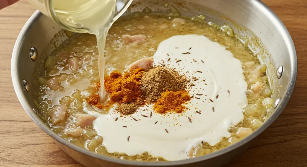Building the sauce for Churu Chicken Amarillo, with chicken broth, white wine, and heavy cream being combined in a skillet along with spices.

