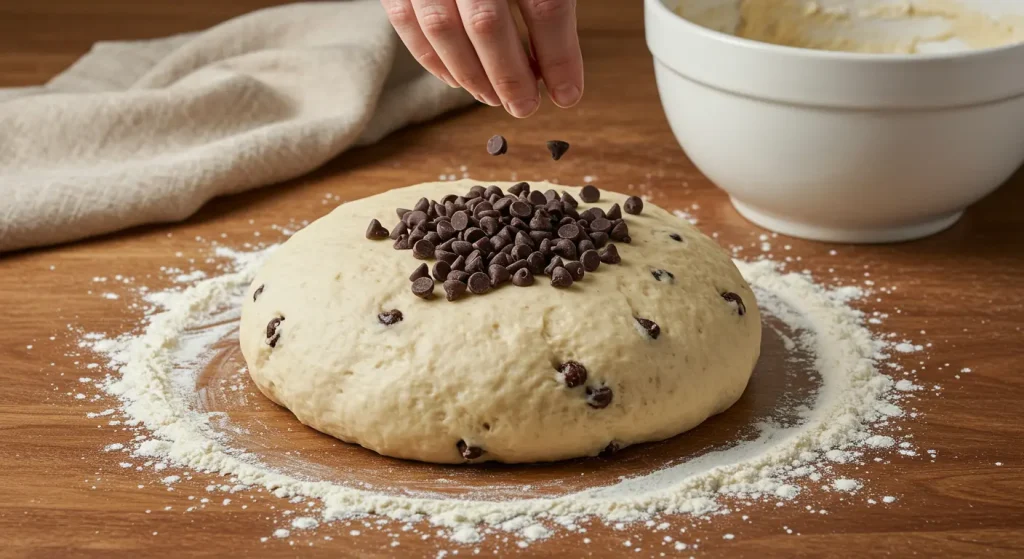 Perfect Braided Chocolate Chip Brioche Recipe 22 deflating dough and adding chocolate chips for braided chocolate chip brioche