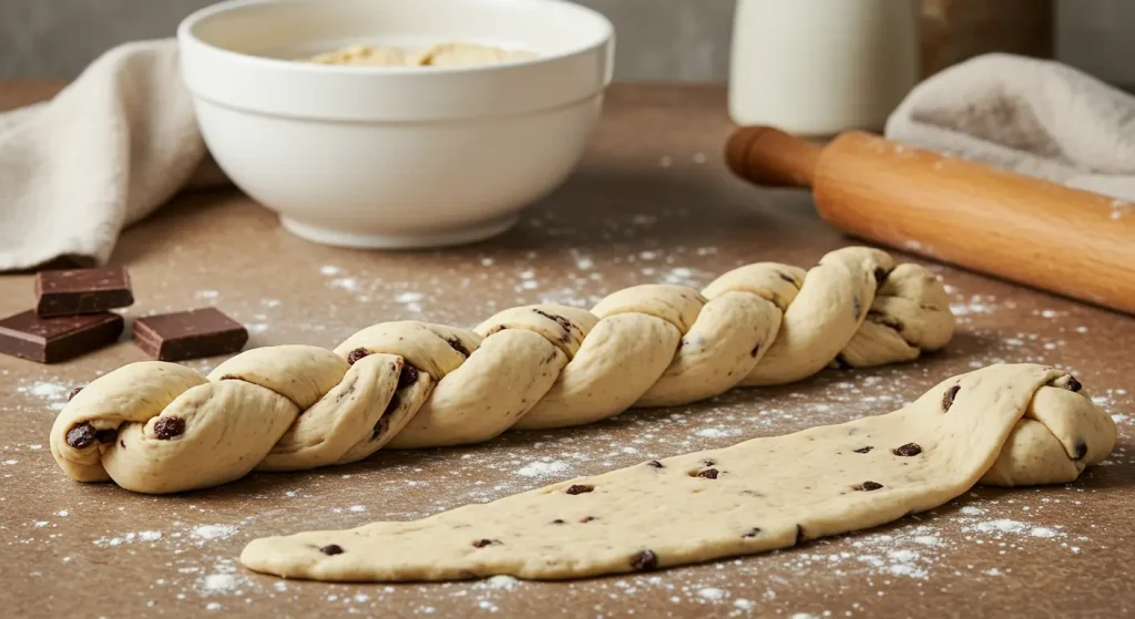 Perfect Braided Chocolate Chip Brioche Recipe 24 dividing and rolling dough for braided chocolate chip brioche