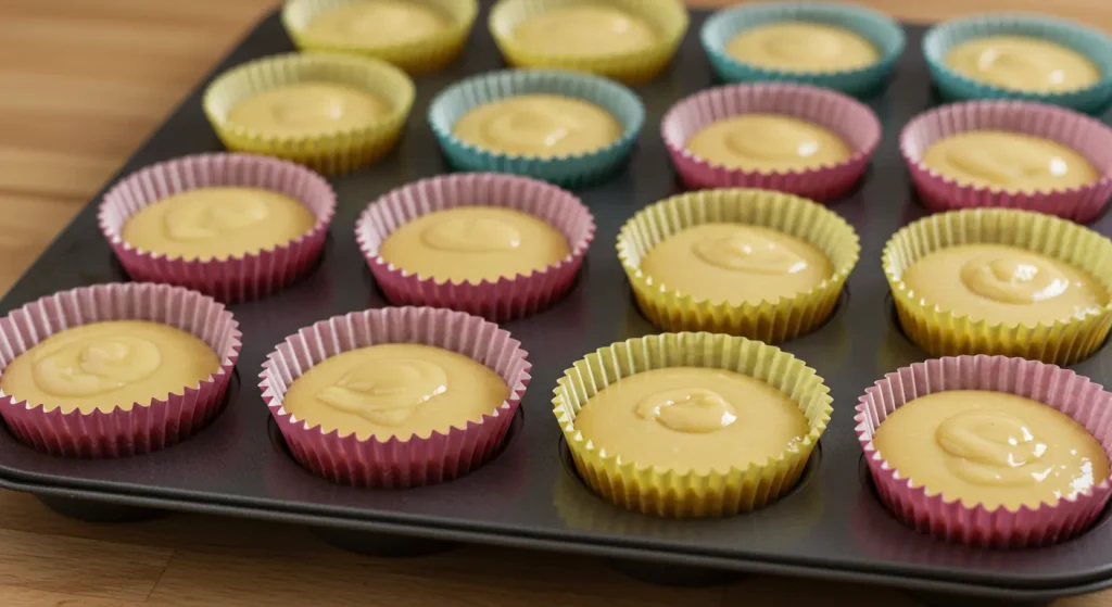 Easy Fudgy White Chocolate Cupcakes: Quick No-Chill Recipe 17 A hand using an ice cream scoop to fill cupcake liners with smooth white chocolate batter, arranged in a muffin tin on a rustic kitchen counter.