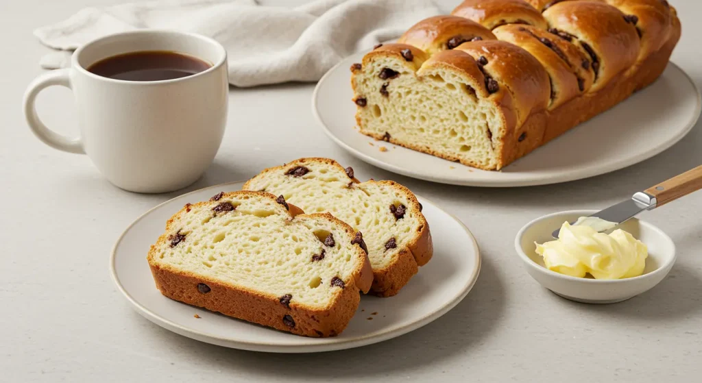 Perfect Braided Chocolate Chip Brioche Recipe 28 serving slices of braided chocolate chip brioche with coffee