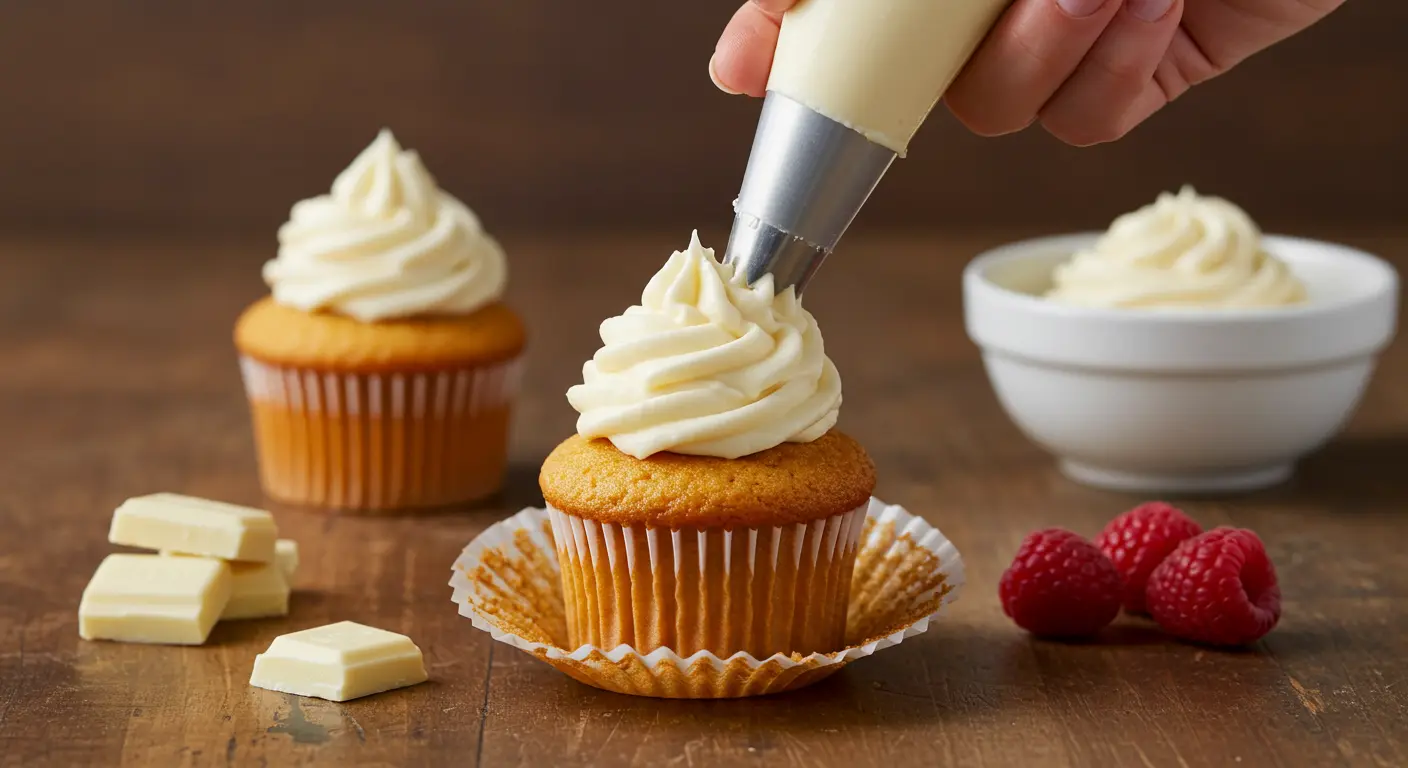 Easy Fudgy White Chocolate Cupcakes: Quick No-Chill Recipe 21 A close-up of a hand piping smooth white chocolate buttercream frosting onto a golden-brown cupcake, with a rustic wooden surface and fresh raspberries nearby.