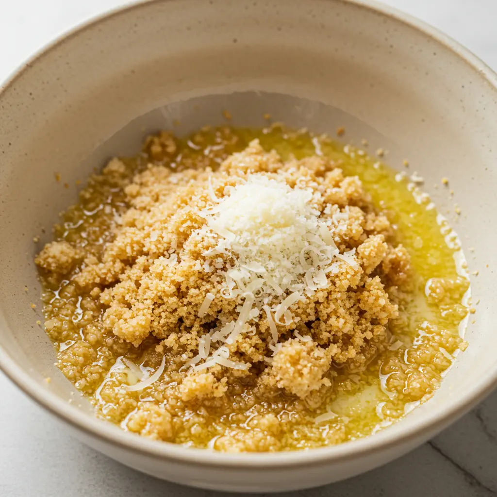 Easy Red Lobster Stuffed Mushrooms: Quick, Cheesy Bites! 17 A small bowl of golden breadcrumb mixture made with melted butter, breadcrumbs, and Parmesan cheese, ready to be sprinkled over stuffed mushrooms.