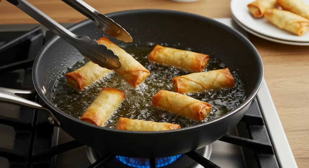 Perfect Crispy Egg Roll Wrapper Goat Cheese Jalapeño Recipe 17 Frying egg roll wrapper bites in hot oil until golden and crispy, with tongs mid-flip.