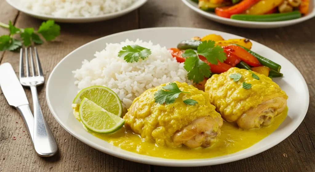 Churu Chicken Amarillo featuring tender chicken thighs in a vibrant yellow Aji Amarillo sauce, garnished with fresh cilantro and lime wedges, served with fluffy white rice and colorful roasted vegetables on a rustic wooden table.