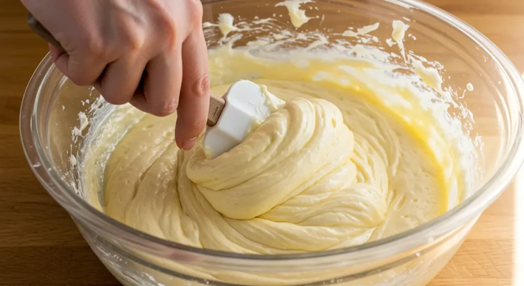 Easy Fudgy White Chocolate Cupcakes: Quick No-Chill Recipe 16 A close-up of a spatula folding melted white chocolate into a smooth cupcake batter in a mixing bowl, with a rustic kitchen counter and soft natural lighting.