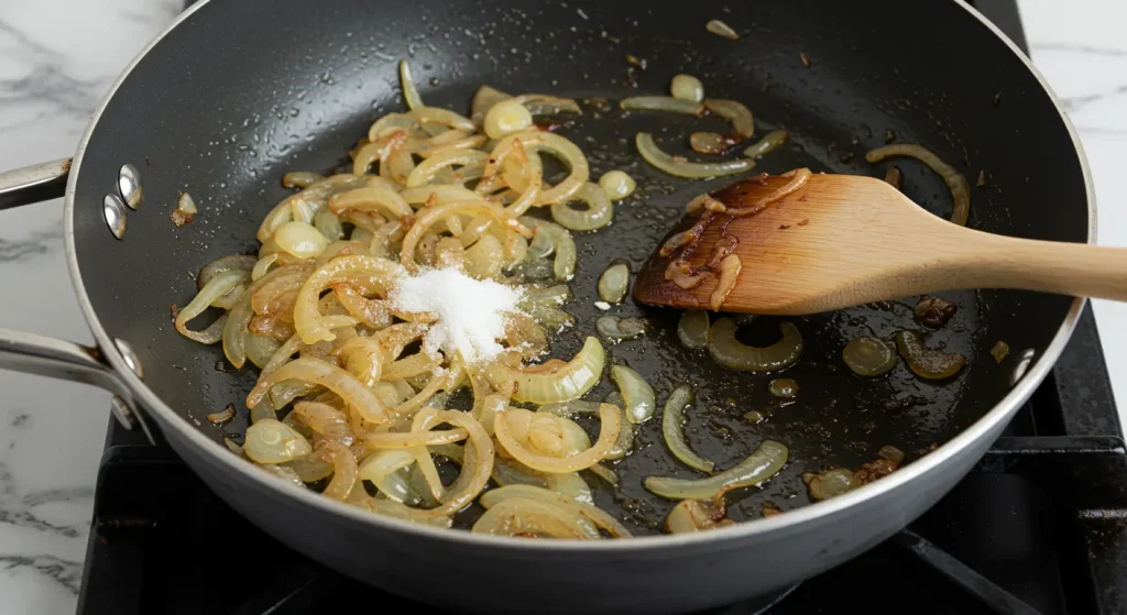 Easy French Onion Soup Rice: A Cozy Twist on a Classic Comfort Food 14 A close-up of thinly sliced yellow onions caramelizing in a skillet, sprinkled with sugar for added sweetness, creating a rich golden-brown color.