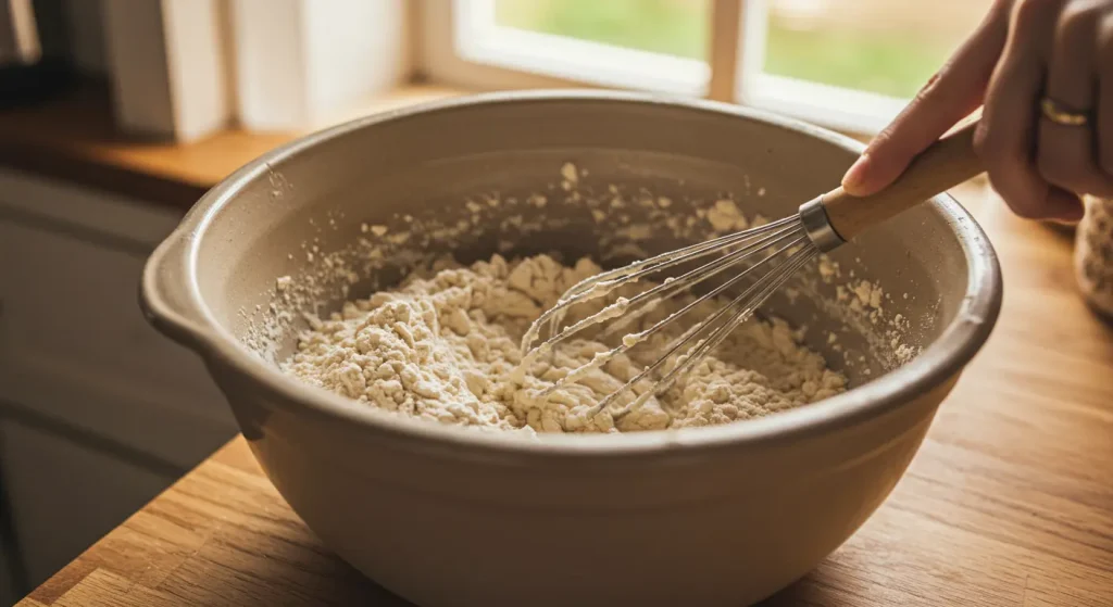 Easy Fudgy White Chocolate Cupcakes: Quick No-Chill Recipe 15 A close-up of a mixing bowl filled with dry ingredients for White Chocolate Cupcakes, including flour, baking powder, and salt, being gently whisked together on a rustic kitchen counter.