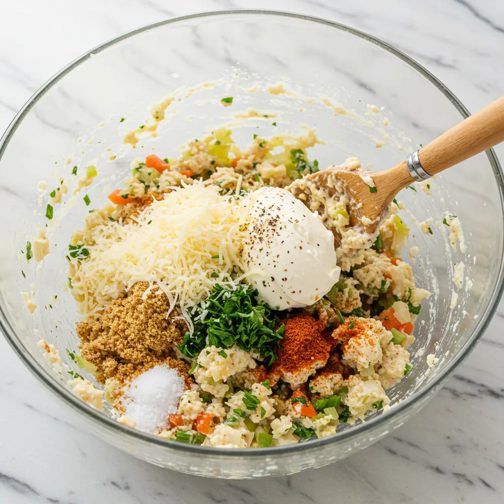 Easy Red Lobster Stuffed Mushrooms: Quick, Cheesy Bites! 15 A skillet with sautéed onions, garlic, and chopped mushroom stems mixed with lump crabmeat, cream cheese, and Parmesan, creating a creamy filling for stuffed mushrooms.