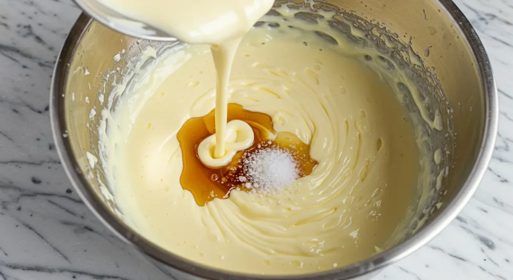 Easy Fudgy White Chocolate Cupcakes: Quick No-Chill Recipe 19 A close-up of a hand pouring melted white chocolate into a bowl of creamy buttercream frosting, with a rustic kitchen counter and soft natural lighting.