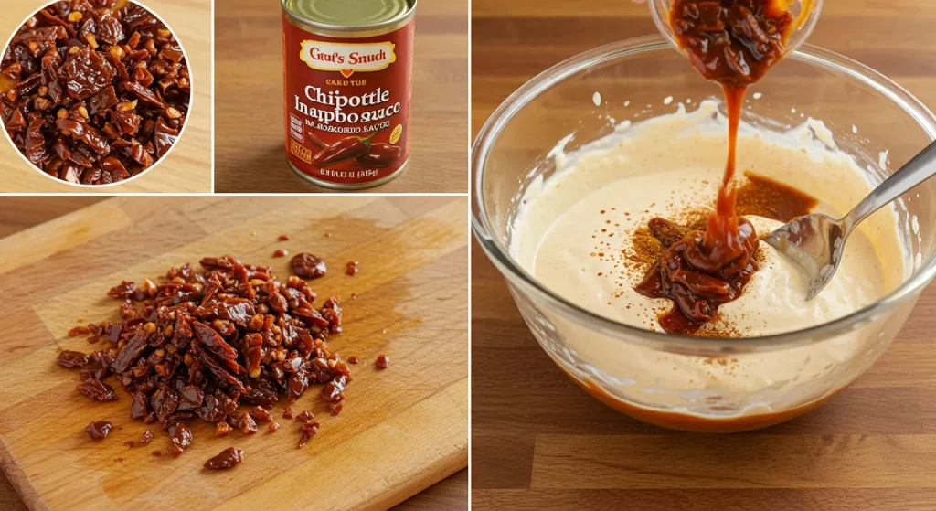 In 10 Mins ! Perfect Taco Bell Chipotle Sauce Recipe 18 Taco Bell Chipotle Sauce recipe step: Adding chopped chipotle pepper to a creamy mixture in a mixing bowl.
