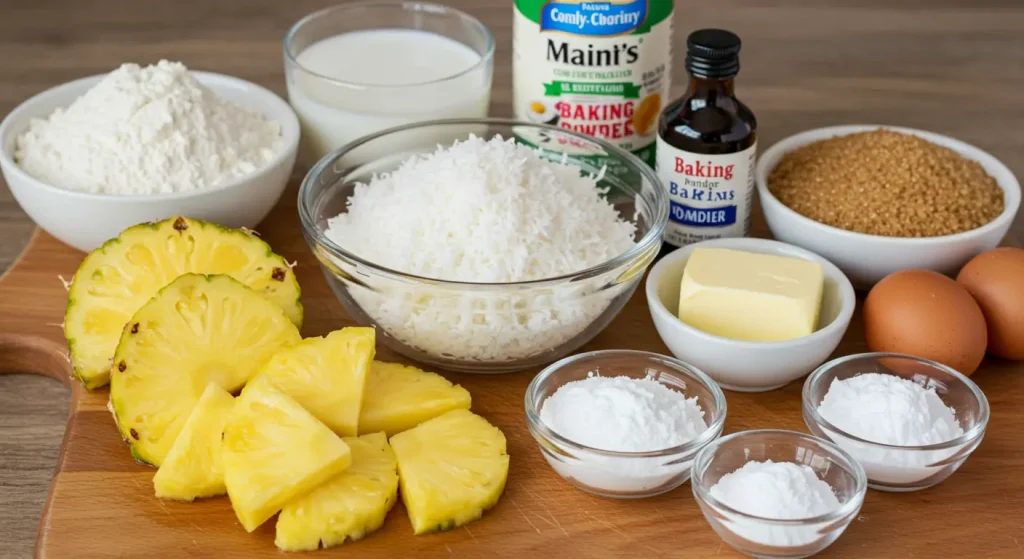 A neatly arranged collection of ingredients for Pineapple Coconut Dream Cake, including flour, sugar, eggs, crushed pineapple, cream cheese, butter, and shredded coconut.