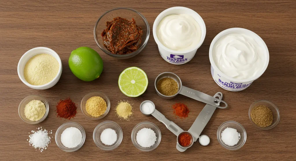 In 10 Mins ! Perfect Taco Bell Chipotle Sauce Recipe 15 Ingredients for homemade Taco Bell Chipotle Sauce including mayonnaise, sour cream, chipotle peppers, lime, and spices arranged on a rustic table.