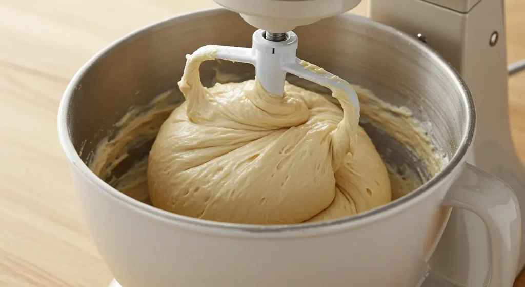 Perfect Braided Chocolate Chip Brioche Recipe 20 kneading dough for braided chocolate chip brioche in a stand mixer