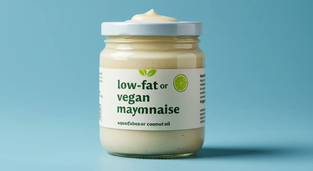 In 10 Mins ! Perfect Taco Bell Chipotle Sauce Recipe 22 Low-fat vegan mayonnaise in a jar with a dollop shown in a bowl, highlighting its creamy and plant-based qualities.