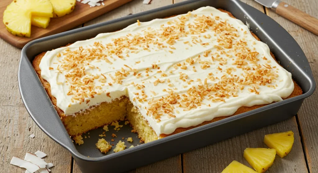 A slice of Pineapple Coconut Dream Cake on a plate, topped with creamy frosting and toasted coconut, ready to enjoy.