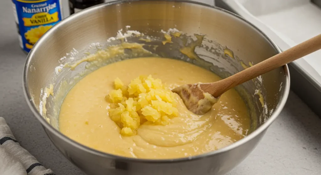 A mixing bowl filled with golden cake batter for Pineapple Coconut Dream Cake, featuring crushed pineapple and vanilla extract