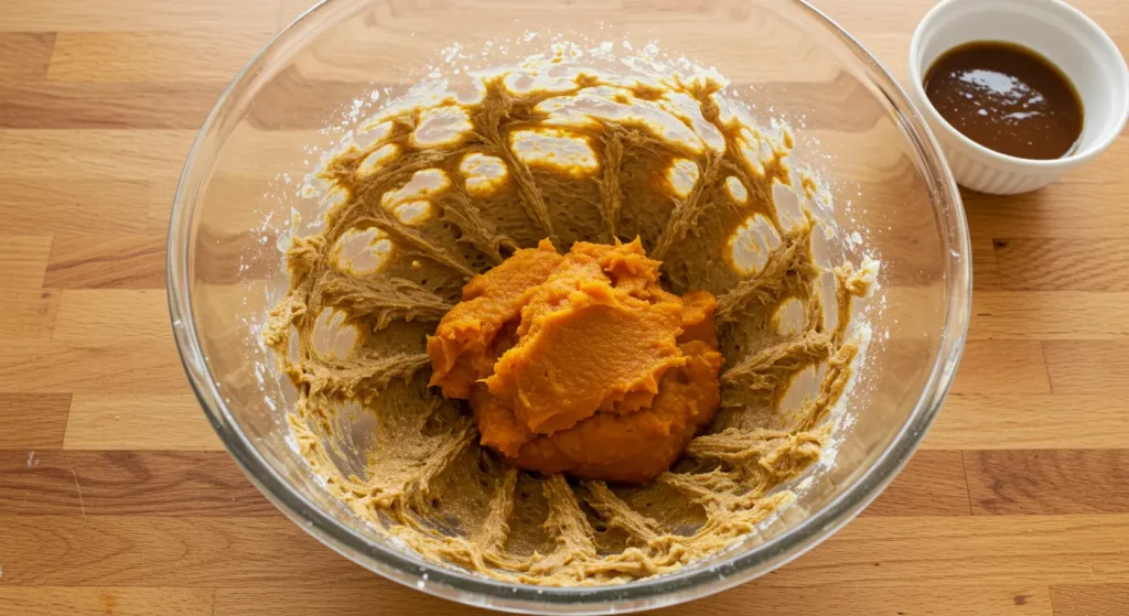 A mixing bowl with spiced pumpkin cookie dough, made with pumpkin puree, flour, sugar, and warm autumn spices like cinnamon and nutmeg.