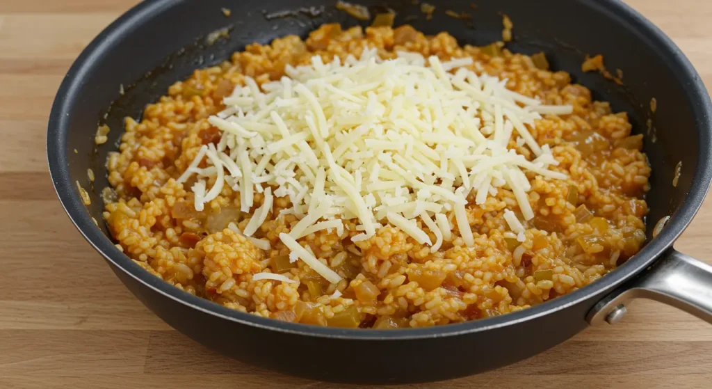 Easy French Onion Soup Rice: A Cozy Twist on a Classic Comfort Food 16 Shredded Gruyère cheese being sprinkled evenly over a skillet of French Onion Soup Rice, ready to melt into a gooey, golden topping.
