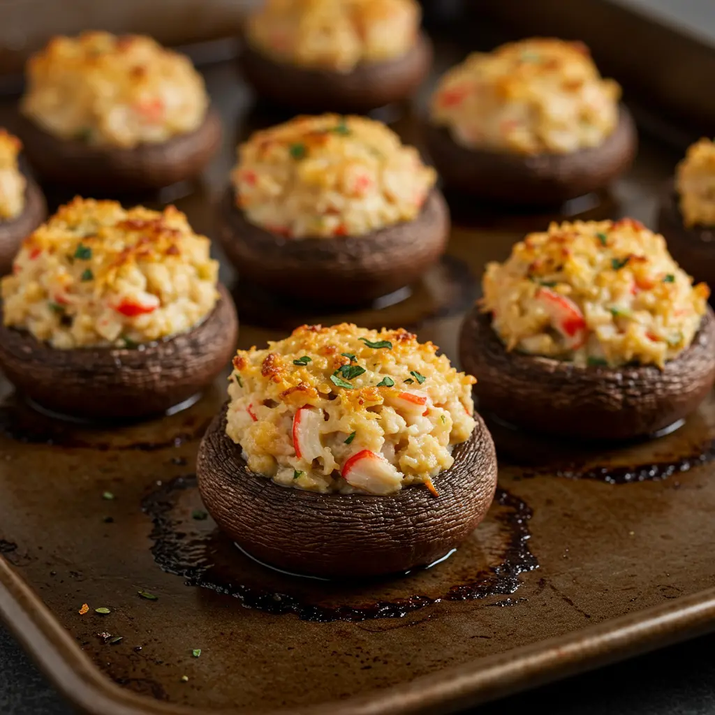 Easy Red Lobster Stuffed Mushrooms: Quick, Cheesy Bites! 18 A baking sheet filled with stuffed mushroom caps topped with a golden, crispy breadcrumb mixture, ready to go into the oven.