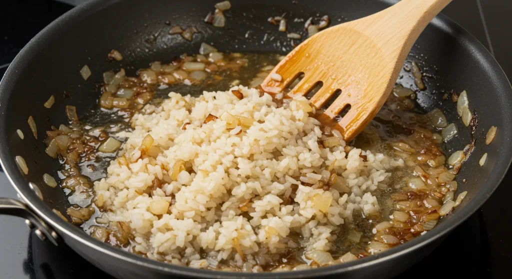 Easy French Onion Soup Rice: A Cozy Twist on a Classic Comfort Food 15 Beef broth, Worcestershire sauce, garlic powder, thyme, salt, and pepper being poured into a skillet of rice and caramelized onions, creating a flavorful mixture for French Onion Soup Rice.