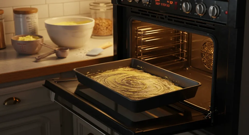A kitchen scene with a preheated oven at 350°F, a greased 9x13-inch baking pan, and baking tools ready for Pineapple Coconut Dream Cake