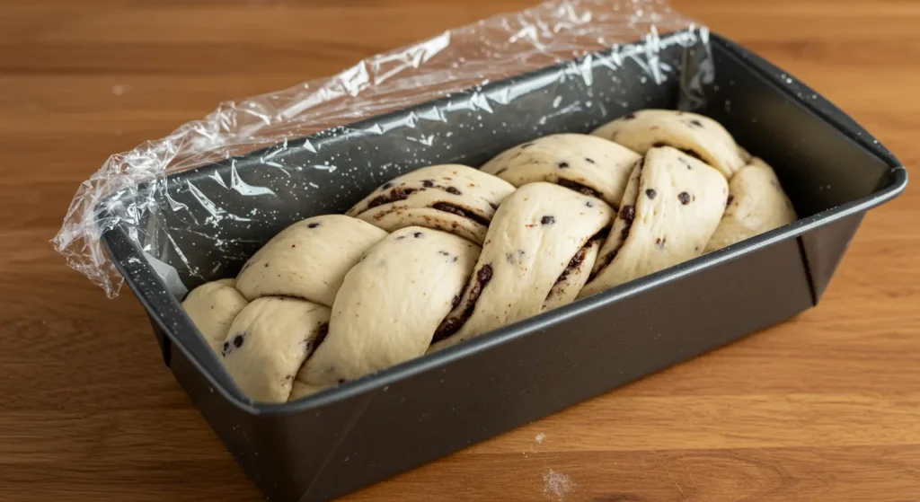Perfect Braided Chocolate Chip Brioche Recipe 25 placing braided dough in a loaf pan for baking