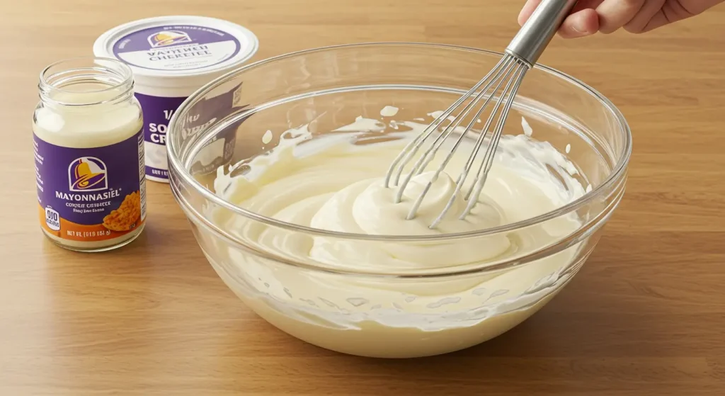 In 10 Mins ! Perfect Taco Bell Chipotle Sauce Recipe 16 A mixing bowl with mayonnaise and sour cream being combined to create the base for Taco Bell Chipotle Sauce.