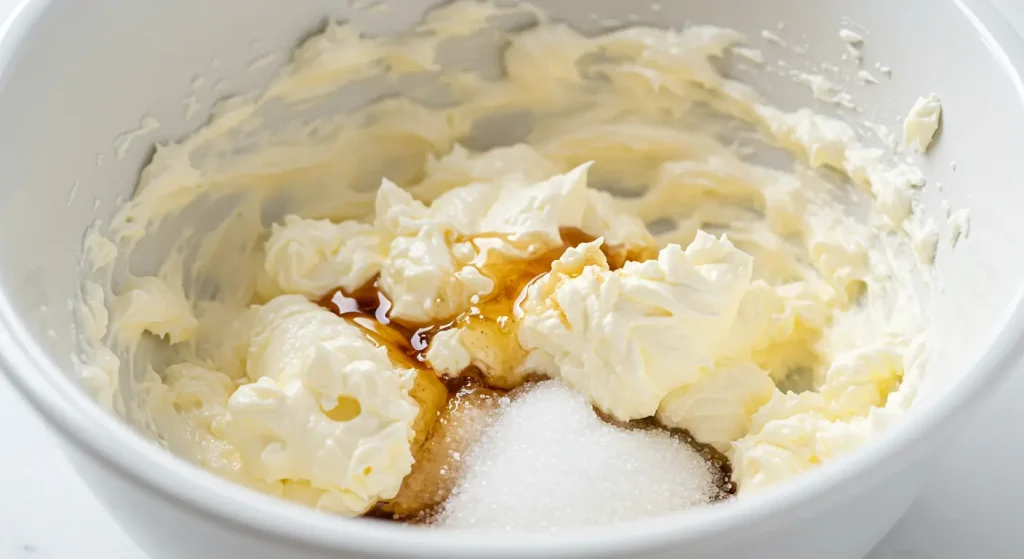 Creamy cheesecake filling in a mixing bowl, made with softened cream cheese, sugar, and vanilla extract, ready to be added to pumpkin cookie dough.
