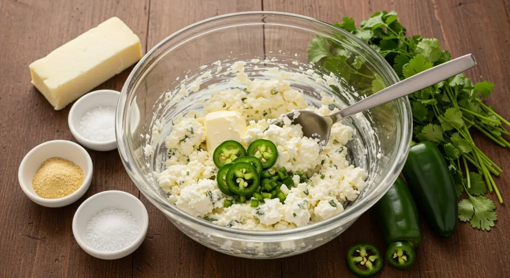 Perfect Crispy Egg Roll Wrapper Goat Cheese Jalapeño Recipe 15 A mixing bowl filled with creamy goat cheese, chopped jalapeños, and fresh cilantro, being stirred to create the filling for egg roll wrapper bites.